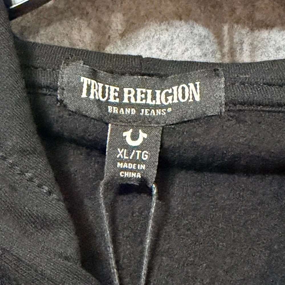 True Religion Mens Black Graphic Patch Full Zip Hoodie Sweatshirt XL World Tour